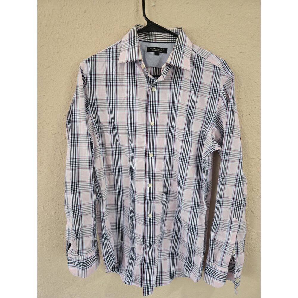 Banana Republic Mens Shirt, Long Sleeve Button Down Cotton, Pink Black Multi, S